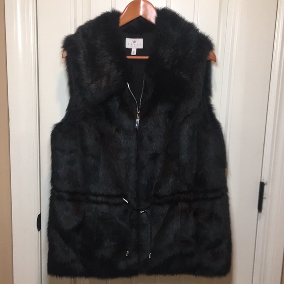 CHAUS NY  XL  BLACK FAUX FUR VEST ZIP FRONT WAIST TIES 2 Pockets Bottom Front - Picture 11 of 16